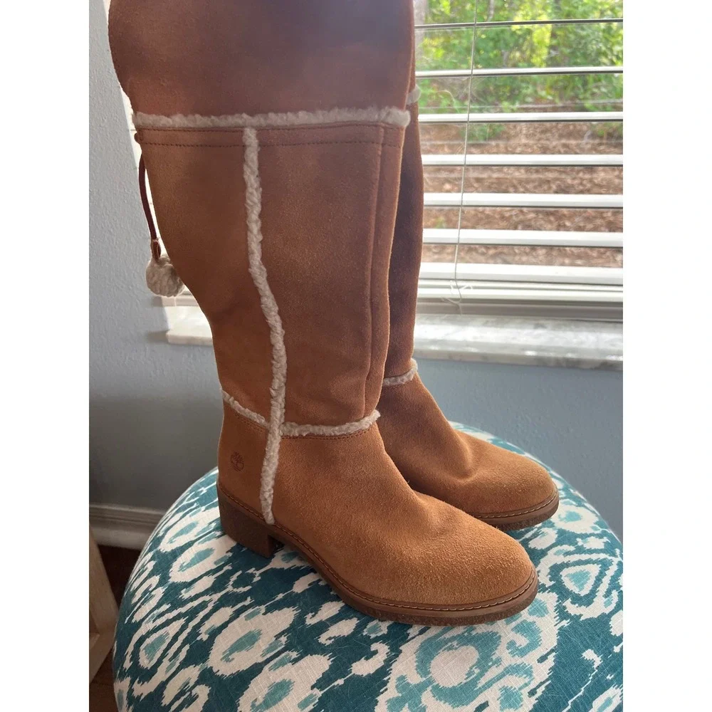 Timberland Suede Boots Tall Knee High Shearling Trim‎ Brown Boots